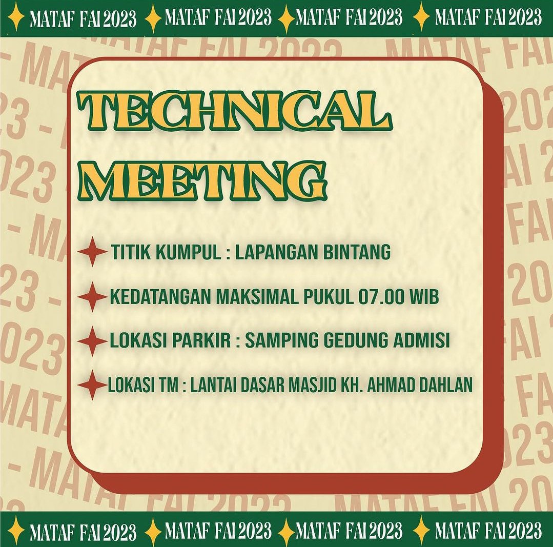 Halo baskara muda😊. Ada info terbaru nih yaitu Technical Meeting Mataf FAI UMY 2023. Jangan lupa ya😁😁

#mataf #matafumy2023 #mataffaiumy2023