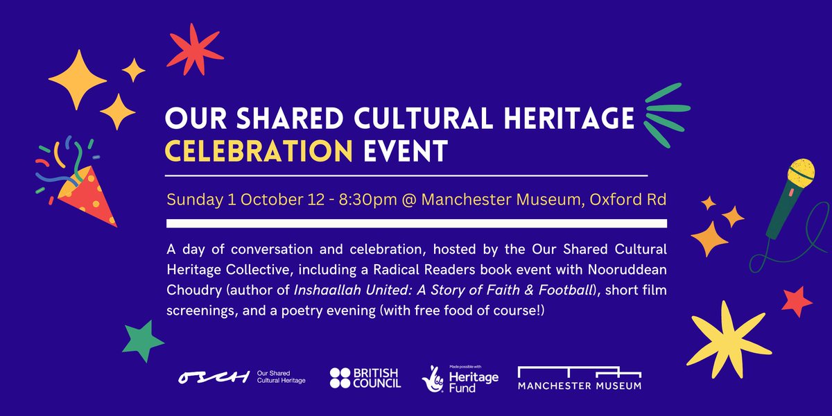 OSCH_Mcr's tweet photo. Come along to our #OSCH Celebration Events on Sun 1 Oct, inc. a Radical Readers book discussion event with
@BeardedGenius (author of 'Inshallah United'), &amp; a poetry night ft incredibly talented members of OSCH, with special guest Saf-S2E from @YOUNGIDmcr - https://t.co/XYIKrBRhjO https://t.co/6SHDKsTXKQ
