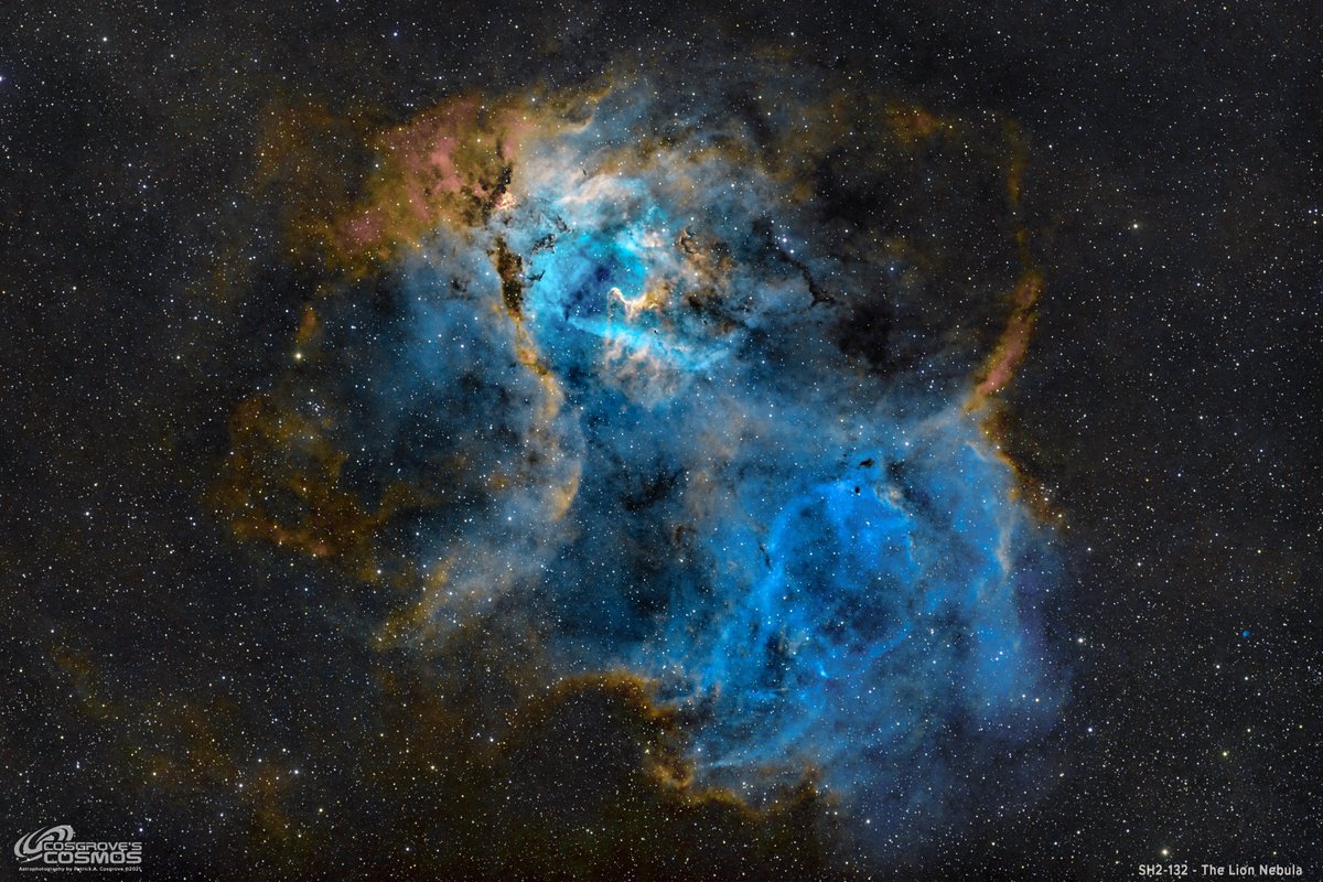 Still no clear skies - so I have done another reprocessing project!

This time SH2-132 - The Lion Nebula - 8.33 hrs in SHO.

Data was collected 2 yrs ago.  Old &amp; new versions below. 

Will share processing details in another tweet. 

Hope you like the new one!

#Astrophotography