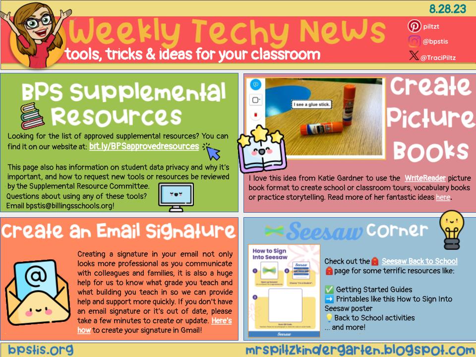 TraciPiltz's tweet photo. 📰Weekly Tech-y News📰
✅#BPSLearns Approved Supplemental Resources site
📕Picture books in @WriteReaderApp thanks to @gardnerkb1 
📧How to add your email signature in Gmail
✏️Back to school printables &amp; resources from @Seesaw 
➡️https://t.co/R42cdoRb4o⬅️ https://t.co/ry80l08PhO