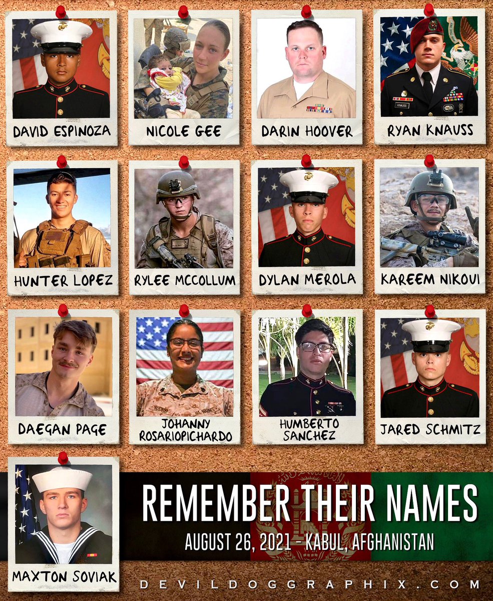 DevilDogGraphix's tweet photo. On August 26, 2021, we lost 13 brave warriors. Remember their names! 
#Kabul #Afghanistan #NeverForget https://t.co/Cj6gpj71Et