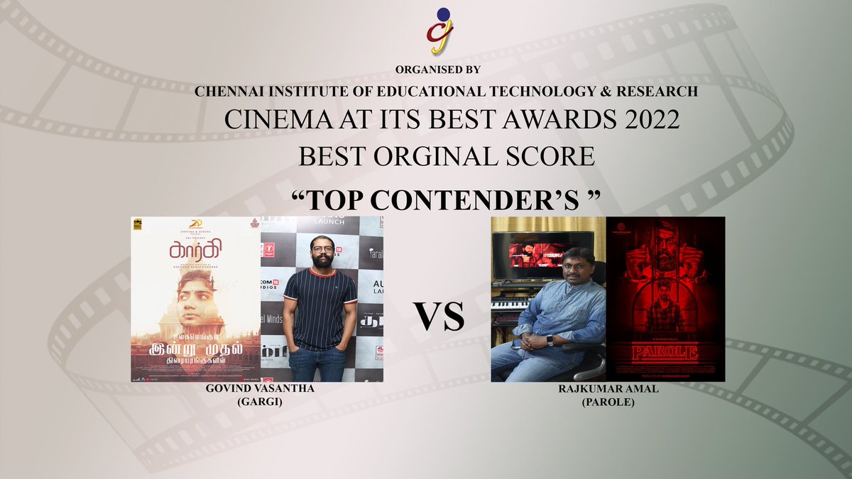 Cinema at its Best (@cinemaatitsbest) on Twitter photo #CAIBAWARDS 2022
#TOPCONTENDERS
#BESTORIGINALSCORE
#GOVINDVASANTHA
#GARGI
<a href="/prgautham83/">Gautham Ramachandran</a>
<a href="/blacky_genie/">Blacky Genie & My Left Foot Productions</a>
<a href="/Sai_Pallavi92/">Sai Pallavi</a>
<a href="/kaaliactor/">Kaali Venkat</a>
<a href="/Oscl8r1/">Rajkumar Amal</a>
#PAROLE
<a href="/iamdwarakh/">Dwarakh Raja</a>
#TRIPR
<a href="/madhu1134/">Madhusudhanan</a>
<a href="/linga_offcl/">Linga</a> #CAIBAWARDS 2022
#TOPCONTENDERS
#BESTORIGINALSCORE
#GOVINDVASANTHA
#GARGI
<a href="/prgautham83/">Gautham Ramachandran</a>
<a href="/blacky_genie/">Blacky Genie & My Left Foot Productions</a>
<a href="/Sai_Pallavi92/">Sai Pallavi</a>
<a href="/kaaliactor/">Kaali Venkat</a>
<a href="/Oscl8r1/">Rajkumar Amal</a>
#PAROLE
<a href="/iamdwarakh/">Dwarakh Raja</a>
#TRIPR
<a href="/madhu1134/">Madhusudhanan</a>
<a href="/linga_offcl/">Linga</a>
