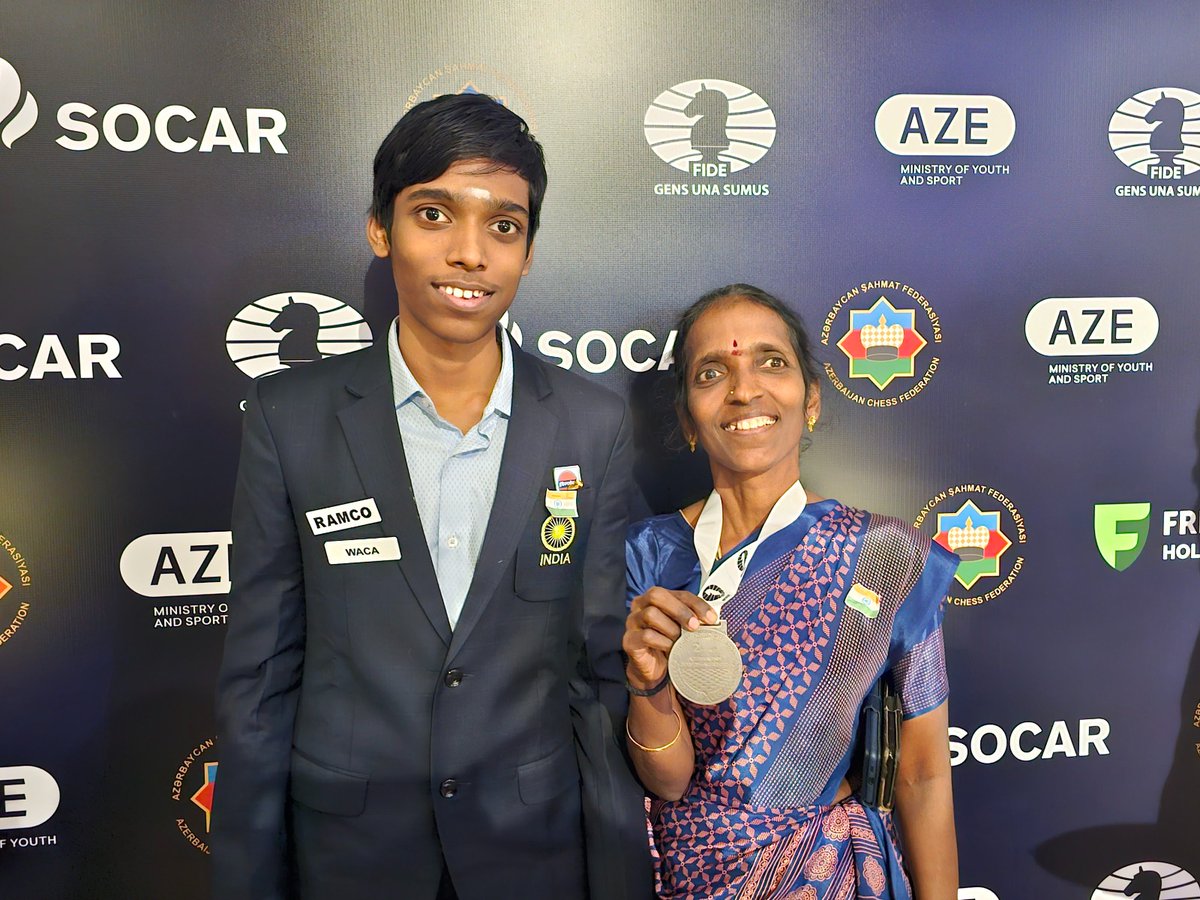 Extremely elated to win Silver medal 🥈in Fide World Cup 2023 and qualified to the Candidates 2024! Grateful to receive the love, support and prayers of each one of you! 🇮🇳 Thankyou everyone for the wishes🙏🏼 With my ever supportive, happiest and proud Amma❤️ 📷@M_Sridharan