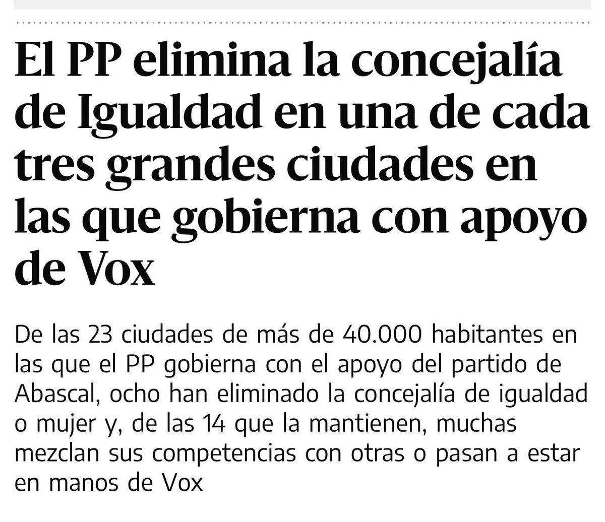 De las 23 ciudades de más de 40.000 habitantes en las que el PP gobierna con el apoyo de Vox, 8 ya han eliminado la concejalía de Igualdad o Mujer. 

14 la mantienen, pero lo hacen mezclando sus competencias con Fiestas o Turismo! 

Deje de disimular, señor Feijóo!

#SeAcabó