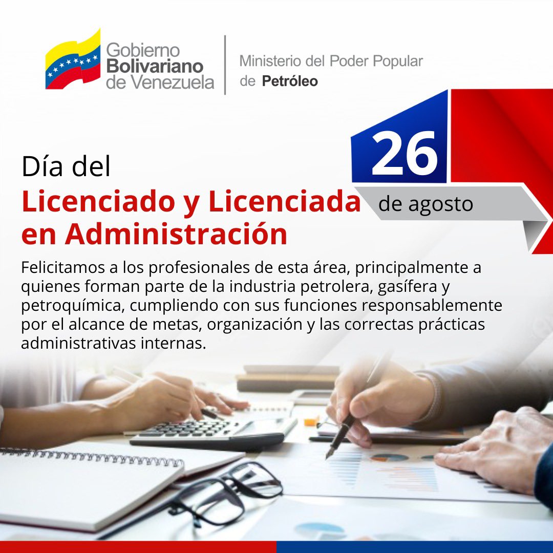 #Efeméride🗓️|  Desde la industria petrolera, gasífera y petroquímica felicitamos a los profesionales de esta área, quienes cumplen sus metas y aplican las correctas prácticas administrativas.

#YulimarEsVenezuela
#TrabajoEnEquipoVictoriaSegura🇻🇪

<a href="/NicolasMaduro/">Nicolás Maduro</a> 
<a href="/TellecheaRuiz/">Rafael Tellechea</a>