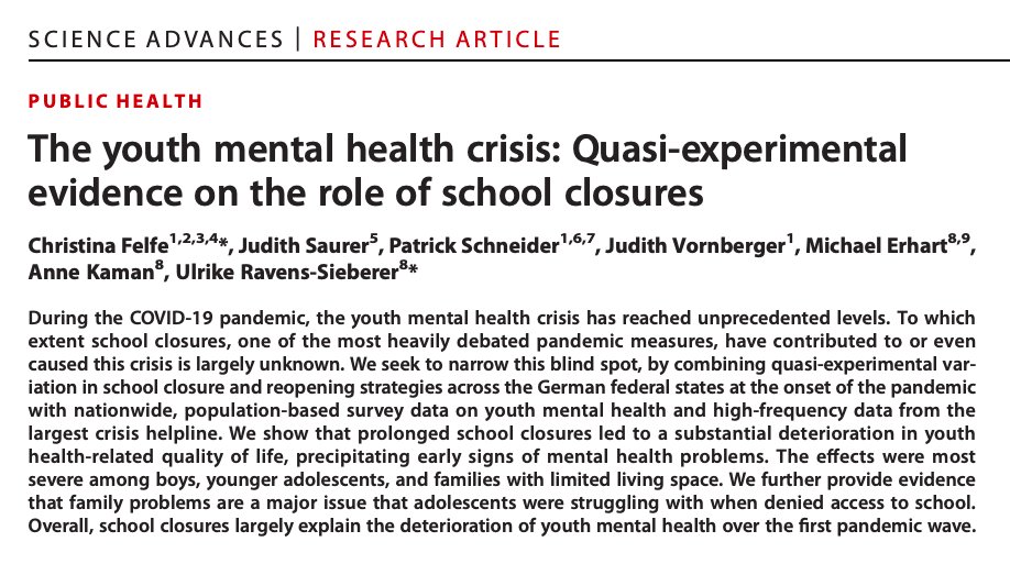 kevinnbass's tweet image. New study published this week in Science Advances:

"Overall, school closures largely explain the deterioration of youth mental health over the first pandemic wave."