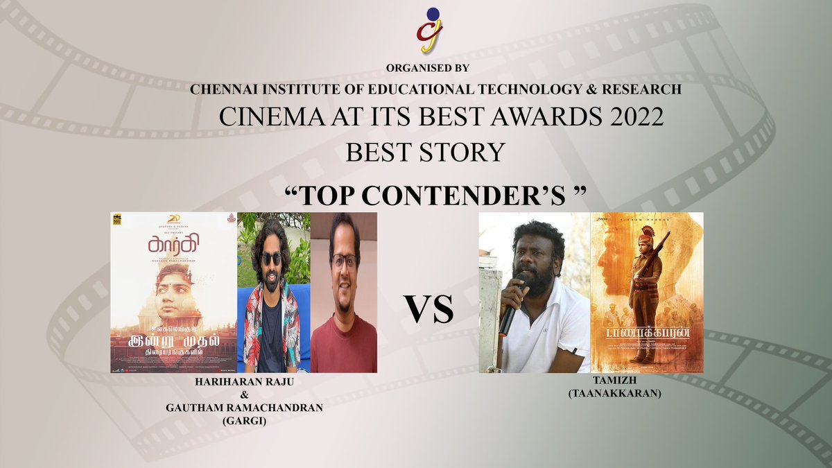 Cinema at its Best (@cinemaatitsbest) on Twitter photo #CAIBAWARDS 2022
#TOPCONTENDERS
#BESTSTORY
<a href="/hariharanraju/">Hariharan Raju</a>
<a href="/prgautham83/">Gautham Ramachandran</a>
#GARGI
<a href="/blacky_genie/">Blacky Genie & My Left Foot Productions</a>
<a href="/Sai_Pallavi92/">Sai Pallavi</a>
<a href="/kaaliactor/">Kaali Venkat</a>
#TAMIZH
#TAANAKKARAN
<a href="/Potential_st/">Potential Studios LLP</a>
<a href="/prabhu_sr/">SR Prabu</a>
<a href="/iamVikramPrabhu/">Vikram Prabhu</a> #CAIBAWARDS 2022
#TOPCONTENDERS
#BESTSTORY
<a href="/hariharanraju/">Hariharan Raju</a>
<a href="/prgautham83/">Gautham Ramachandran</a>
#GARGI
<a href="/blacky_genie/">Blacky Genie & My Left Foot Productions</a>
<a href="/Sai_Pallavi92/">Sai Pallavi</a>
<a href="/kaaliactor/">Kaali Venkat</a>
#TAMIZH
#TAANAKKARAN
<a href="/Potential_st/">Potential Studios LLP</a>
<a href="/prabhu_sr/">SR Prabu</a>
<a href="/iamVikramPrabhu/">Vikram Prabhu</a>