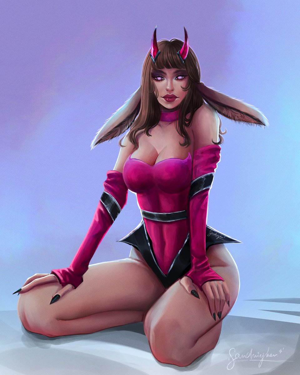 sandriejkov's tweet photo. Just a little hellish bunny. 🐰 The original piece was a draw this in your style challenge on IG! #digitalart #bunnygirl #demonart https://t.co/iGgdiUa5id