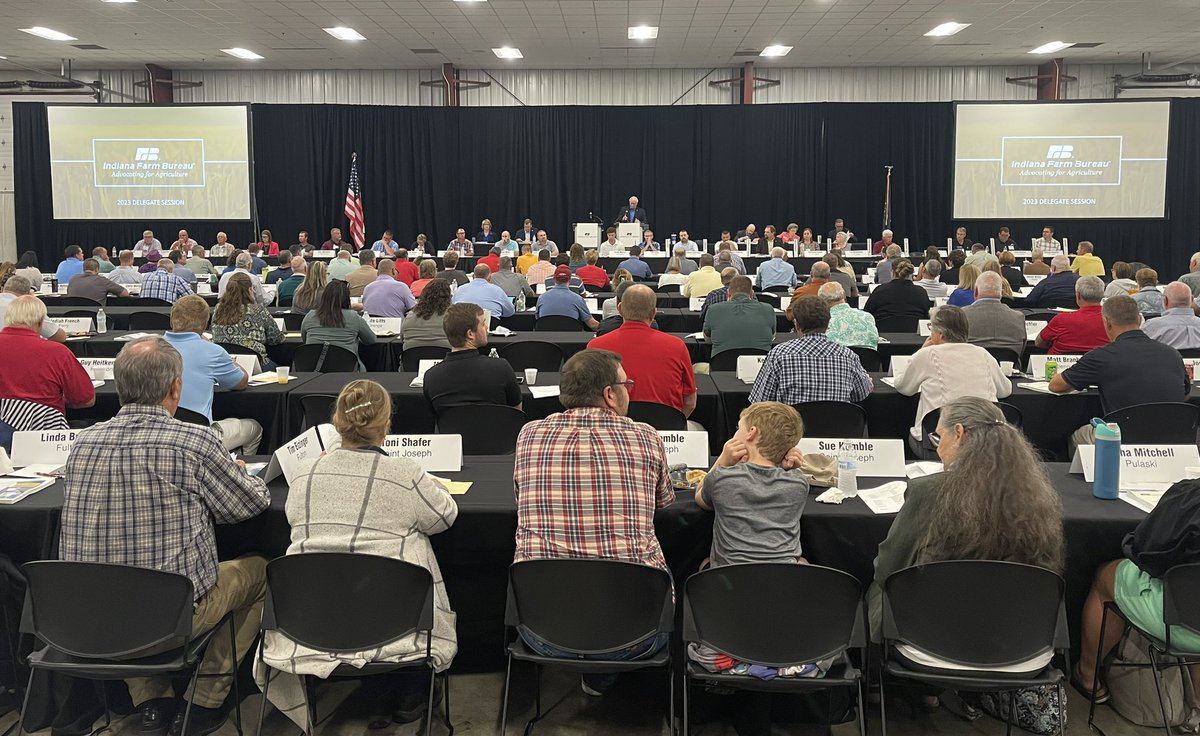INFarmBureau's tweet photo. The 2023 delegate session is underway. Voting delegates from across the state will work through policy suggestions that originated during INFB’s grassroots policy development process. These policies will be INFB’s roadmap during the 2024 legislative session. https://t.co/mtxl0Am1QI