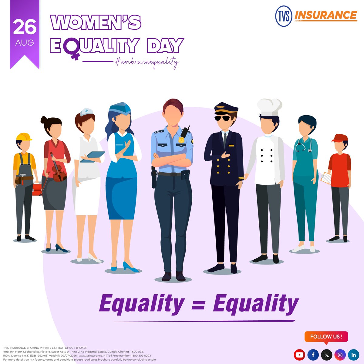 Embracing Equality on Women's Equality Day! Let's celebrate the progress, honor the trailblazers, and continue the journey towards a world of true parity.  #tvsinsurance #womenequalityday #feminismmatters #genderequality #womenempowerment #equalityforall #inclusionmatters