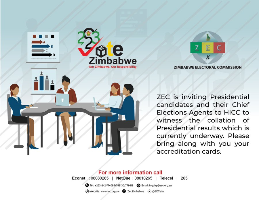 ZTNPrime's tweet image. #ZimDecides2023 

@ZECzim is inviting Presidential candidates and their Chief Elections Agents to witness the collation of Presidential results.

For more LIVE Election 2023 coverage, watch ZTN Prime on DSTV Channel 294.

#GetThePicture #ElectionsZW #ZimElection2023