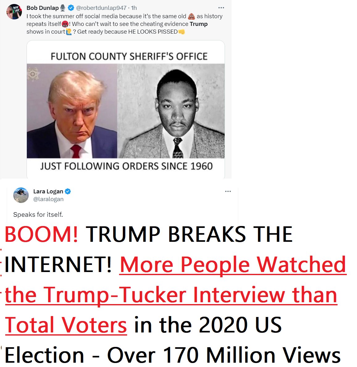 🇺🇸❤️PATRIOT FOLLOW TRAIN❤️🇺🇸

🇺🇸❤️HAPPY SATURDAY !❤️🇺🇸

🇺🇸❤️DROP YOUR HANDLES ❤️🇺🇸 

🇺🇸❤️FOLLOW OTHER PATRIOTS❤️🇺🇸

🔥❤️LIKE & RETWEET IFBAP❤️🔥

🇺🇸❤️PRAY FOR TRUMP❤️🇺🇸

BOOM! TRUMP BREAKS THE INTERNET! More People Watched the Trump-Tucker Interview than Total Voters in the 2020…