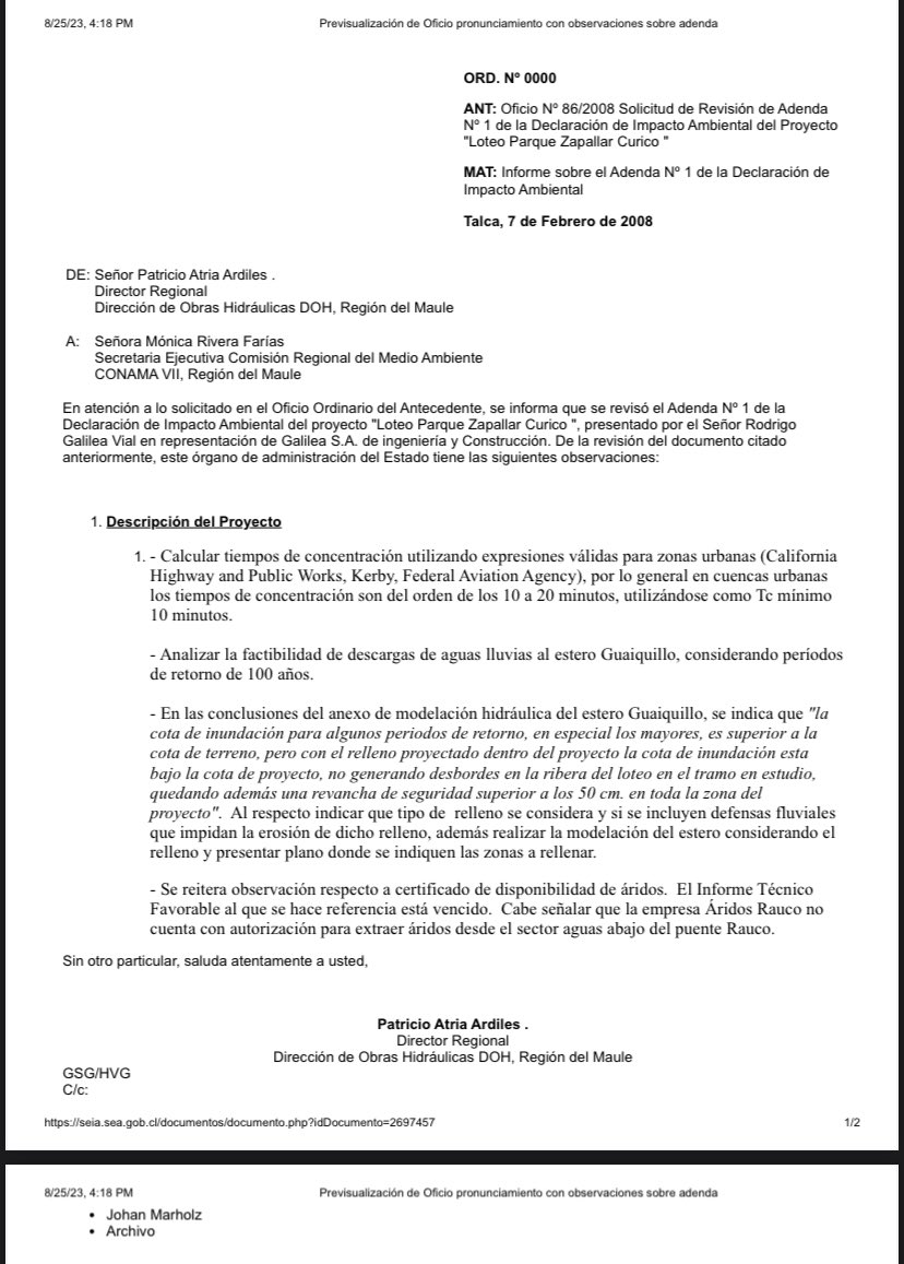 elprofesapbe's tweet photo. Con respecto al lote Zapallar de Curicó que se vio afectado por las lluvias, hay que decir que tanto la DHO y DGA manifestaron sus aprehensiones al proyecto, durante su evaluación, justamente sobre el tema de aguas lluvias y la crecida del estero Guaiquillo https://t.co/89yNnUXQDq