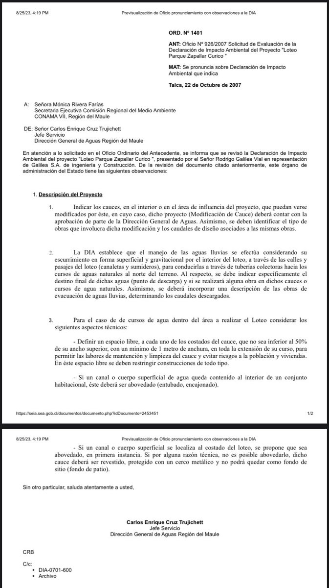 elprofesapbe's tweet photo. Con respecto al lote Zapallar de Curicó que se vio afectado por las lluvias, hay que decir que tanto la DHO y DGA manifestaron sus aprehensiones al proyecto, durante su evaluación, justamente sobre el tema de aguas lluvias y la crecida del estero Guaiquillo https://t.co/89yNnUXQDq