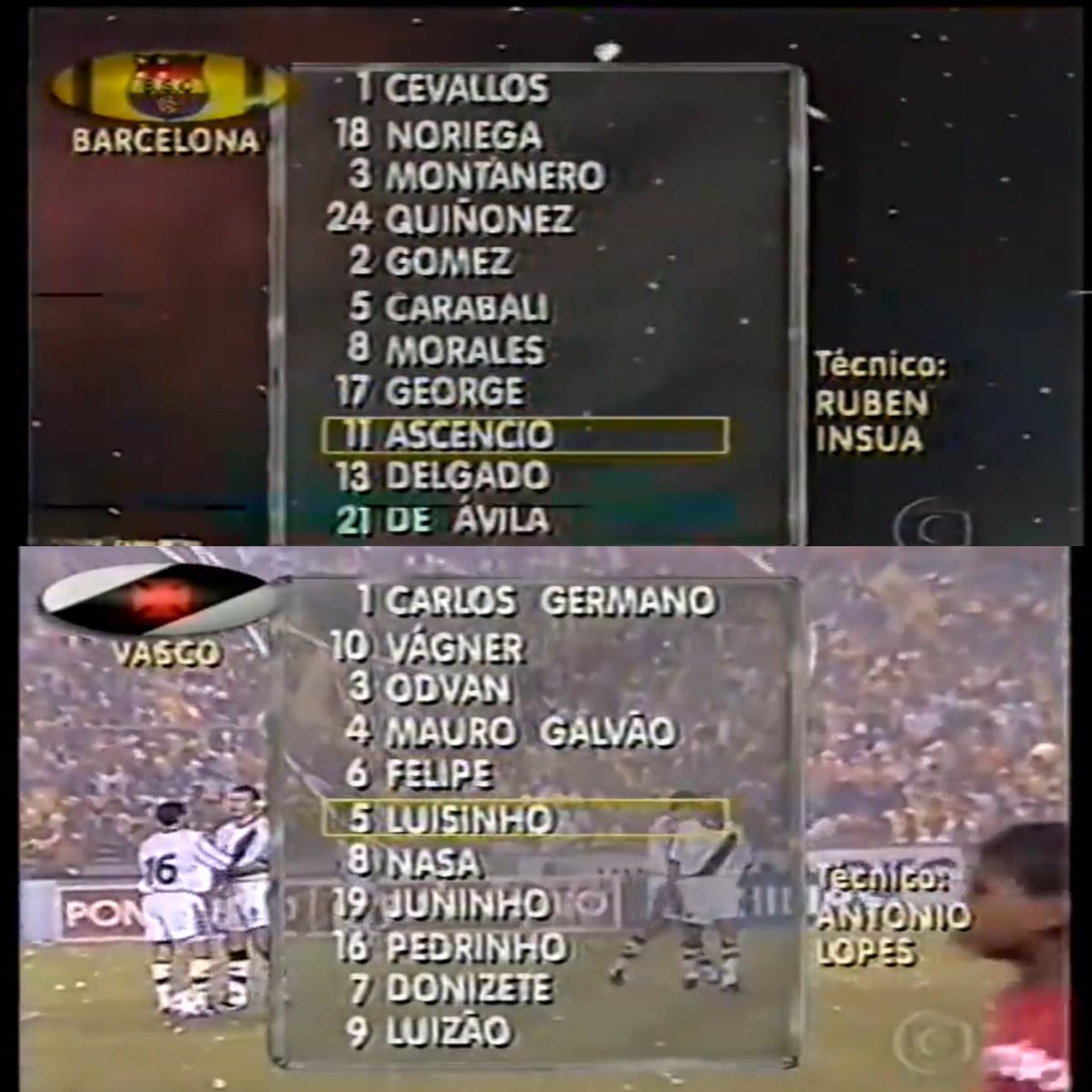 futnostalgico's tweet photo. Há exatos 25 anos:

Escalações de Barcelona de Guayaquil e Vasco na final da Copa Libertadores de 1998.

Nostálgico! https://t.co/JVLNROQJ7I