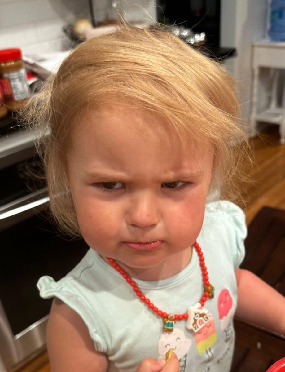 HeatherMoAndCo's tweet photo. This 3 year old is doing her best #TrumpMugShot. She is also 6’3”, 215 lbs. 

#TrumpWeight https://t.co/VTFbj4WgSq