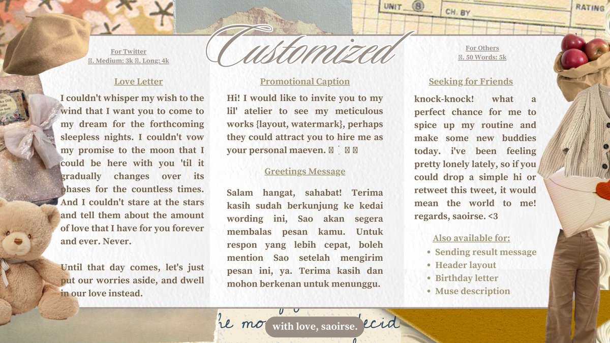 wordiyg's tweet image. (help rt, please? thank youu! )

here i am availing myself of wording service that i gladly offer to you: 30% off with a minimum purchase of 10k only for today! kindly reach me on dm to seal the deal. 🏷️🤍

#zonauang #zonaba #zonajajan