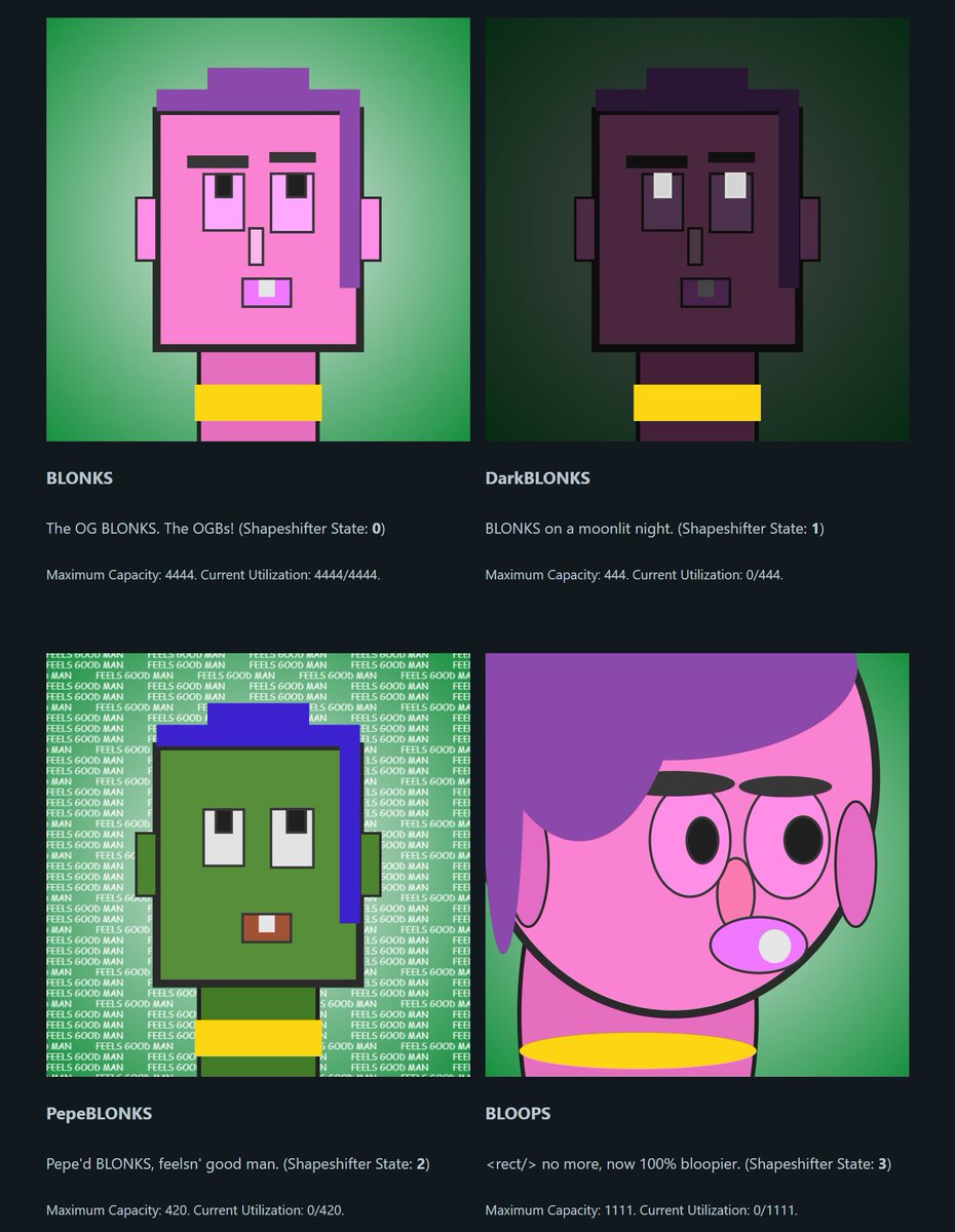MonkMatto's tweet photo. *cracks knuckles* (FYI for safety there aren't any links in this tweet but you can easily find the sites through the mentioned accounts)

Remember #BLONKS? 🤔 (@blonksCC0) 
Over 3,000 of them have a birthday today! 🥳

One year ago, the slooowwwww DA reached 0, and in less than 10 minutes the project minted out. 🚀

ICYMI, BLONKS are 100% EVM generated, dynamic NFTs whose SVG code changes deterministically when transferred between wallets. Coded by me in ‘22 to reacquaint myself with solidity, originally BLONKS was a collection of 5 smart contracts working together. 🤖

I launched and advertised with ‘no roadmap’, but I did have ideas I wanted to pursue… When I started exploring them, I hit a stumbling block early on when I realized I made a technical oversight in the contract, and for a while I thought my plans were toast. 😐

But, I kept experimenting with Solidity (100x10x1-A coming soon – I just rewrote the contract, again..). After a while, I found a path through my initial oversight! And today I’m announcing the launch of the culmination of many months of behind-the-scenes work: the Shapeshifter upgrade. 🤓

BLONKS were always dynamic, but not as much as they could be and as much as I dreamt they could be. That changes today! With the upgrade, the BLONKS smart contract system expands past the initial 5 contracts, allowing individual owner accounts (and accounts those might be delegated to via @delegatedotxyz) to switch which EVM renderers a BLONKS token uses – on the fly, for FREE. 🔥

This is how the contract system is today, at launch…

It’s actually not very complicated in design, but that URI Shapeshifter contract was quite a technical challenge! The most important things for me though, are that this upgrade for owners is free*, safe*, and fun*! ❤️

*Free: Any transaction on Ethereum costs gas, but there are no additional fees applied to Shapeshifting, and there’s nothing to buy – you already have a BLONKS token, I can’t imagine wanting to dilute the BLONKS brand value (or whatever) by launching separate BLONKS tokens. 1 BLONKS = 1 BLONKS. 🧠

*Safe: The URI contract supports account delegation through @delegatedotxyz. While there’s no 100% truly safe anything, using delegation allows owners to separate their assets from accounts used to act on behalf of those assets. “Mistakes can happen, just hope that if they do, they happen on a hot-wallet.” 🔒

*Fun: C’mon, if you’re not having fun, you’re doing it wrong, and BLONKS are not serious people. Have you seen them? More importantly, have you seen their new shapeshifter renderings? Here’s a screenshot from the website showing a randomly generated BLONKS and how it would look in each shapeshifter state. 😂

The BLONKS website allows anyone to ping the smart contracts and render tokens in SVG or PNG (PNG is converted client-side, the server only serves the website and communicates with the contracts). The site allows anyone to preview how a token would look if owned by a certain address (BLONKS are dynamic on transfer, remember?), and the site also allows previews of the various shapeshifters and live counts of tokens using them! 🔮

And of course, the site is the place where you set a BLONKS's shapeshifter state (contract enabling at noon Eastern). There are limited slots available in these new shapeshifter states, and of course it's always live. Also, ICYMI I can add more shapeshifters in the future, and I'm planning on some additional fun surprises for BLONKS owners... 🤪

But roadmap? Nope. Enjoy!
-Matto