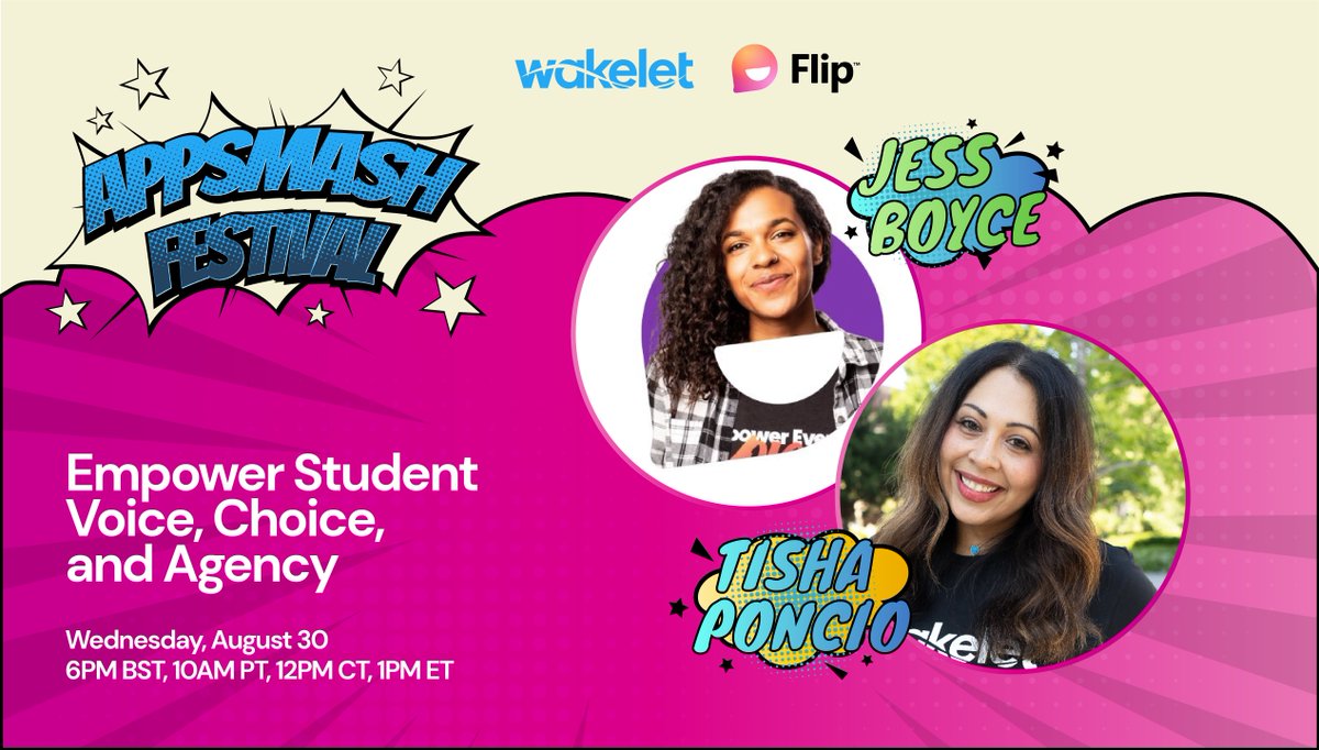 We're SUPER excited for this @wakelet + Flip AppSmash session! Join @jessxbo + @TxTechChick and discover ideas for empowering student voice, choice, and agency. webinars.wakelet.com/appsmash_fest_…