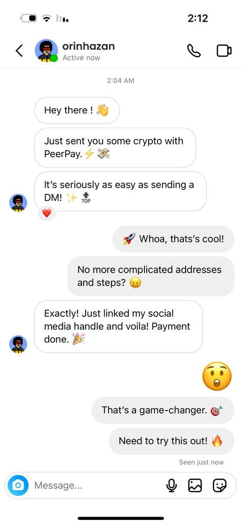 Imagine a world where crypto is as simple as sending a DM. 🤔

No complexities, no long addresses, just effortless transactions.

That's the vision we're turning into reality at PeerPay. Join us on this journey to redefine the future of finance. 🚀

#solana #Opos #peerpay