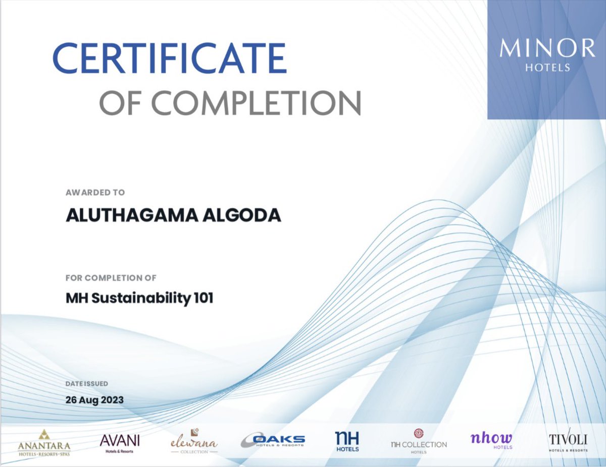 Certificate for MH Sustainability 101 
Thankful for @minorhotel @NHHotels @William Heinecke