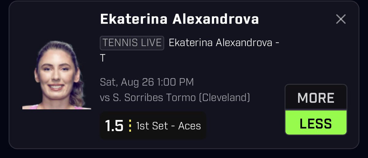 Precise_Props's tweet photo. PRIZEPICKS TENNIS LIVE PLAY🏆
EKATERINA ALEXANDROVA UNDER 1.5 1ST SET ACES🎾⬇️
• 57.35% CHANCE TO HIT🧪
• -134 NO VIG ODDS📚
#PrizePicks #EVbetting #GamblingTwitter #SportsBetting #Tennis #WTA #TennisInTheLand #Cleveland #ClevelandOpen https://t.co/sPHfx6tA7V