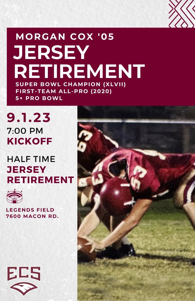 NEXT FRIDAY! Please join us next Friday night when we will honor five-time Pro-Bowler and Super Bowl Champion Morgan Cox (’05) and retire his #53 ECS Eagles football jersey during halftime. #ECSalumni #ECSeagles