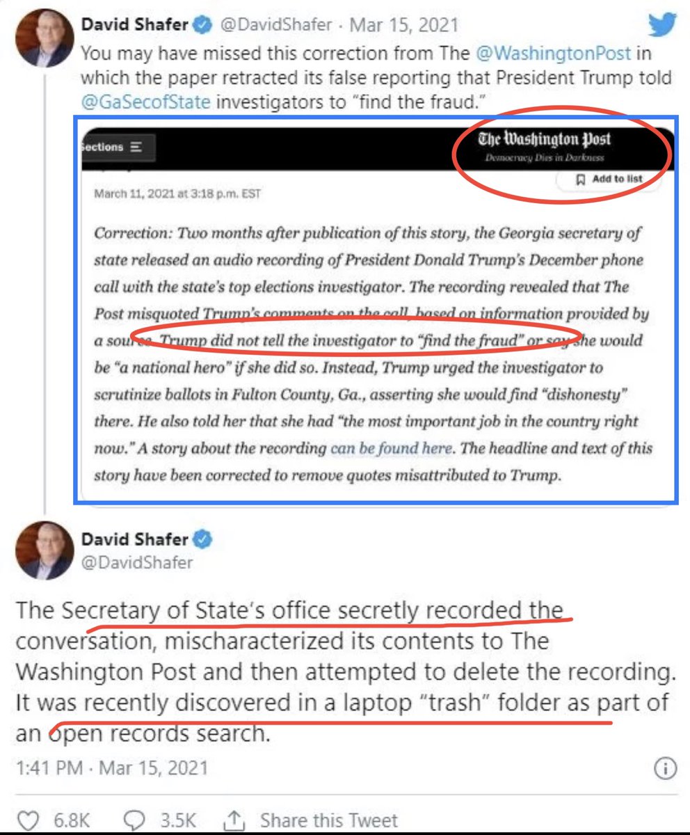 Trump’s call to Raffensperger didn’t tell them to “𝙛𝙞𝙣𝙙 𝙩𝙝𝙚 𝙫𝙤𝙩𝙚𝙨” SOS Raffensperger & Fuchs secretly recorded the call then leaked a 𝘧𝘳𝘢𝘶𝘥𝘶𝘭𝘦𝘯𝘵 transcript to WaPo. #FaniWillis knew it was a lie, but indicted President Trump and his associates anyway.