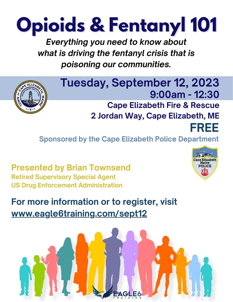 Come to Cape Elizabeth, ME on September 12th for this important conversation about opioids/fentanyl and how it has forever changed the drug landscape. 

#opioids #fentanyl #onepillcankill

<a href="/CapeElizabeth/">Town Hall</a> <a href="/PressHerald/">Portland Press Herald</a> <a href="/PolicePortland/">Portland (ME) Police</a> <a href="/SouthPortlandPD/">South Portland Police</a>