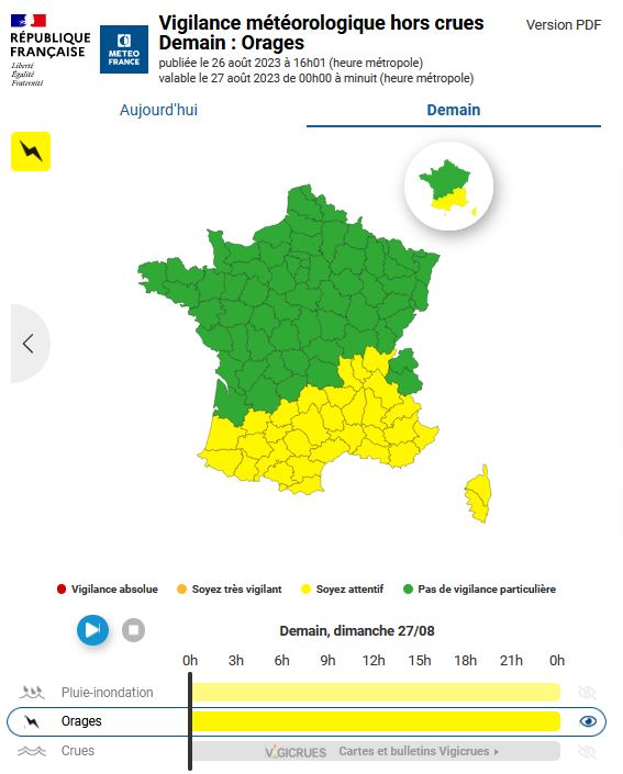 ⚠️🌩️ 48 départements en #VigilanceJaune #Orages dans la nuit de samedi à dimanche.

Orages des Pyrénées aux Alpes et à la Méditerranée en plusieurs salves, parfois forts près de la Méditerranée.

Restez informés 👉vigilance.meteofrance.fr