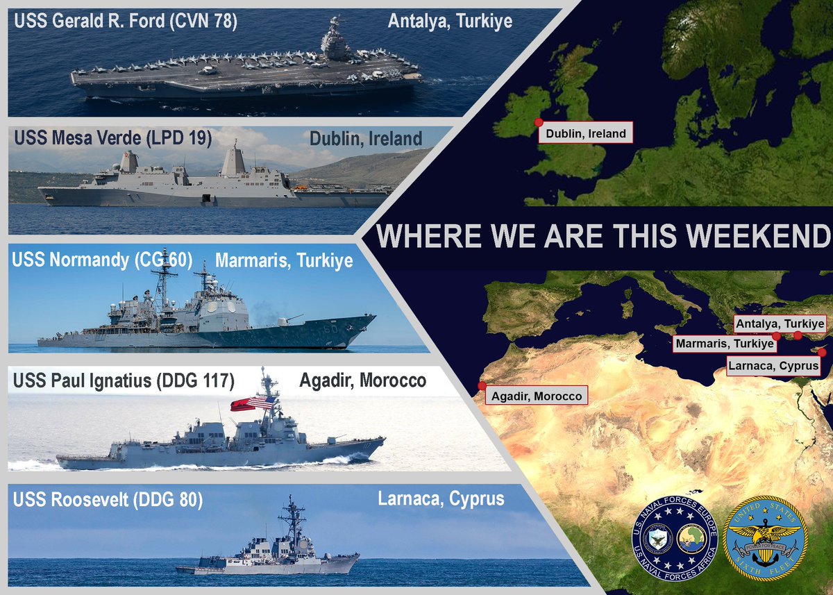 Weekend plans ✅

@Warship_78 & #USSNormandy in Türkiye 🇹🇷
#USSMesaVerde in Dublin, Ireland 🇮🇪
#USSPaulIgnatius in Agadir, Morocco 🇲🇦
#USSRoosevelt in Larnaca, Cyprus 🇨🇾

Check the 🧵👇 for more information on this weekend's engagements with our Allies & partners!