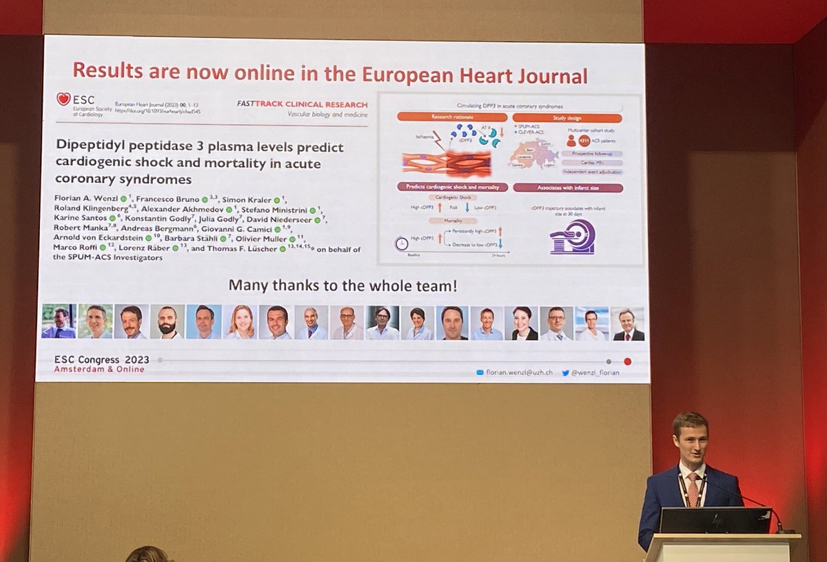 cescobruno's tweet photo. 🔥#ESC2023 simultaneous publication in @ESC_Journals 

🌍 From the SPUM-ACS study: 
📌DPP-3 ➡️ novel marker of CS and mortality in patients with ACS
📌DPP-3 trajectories associated with mortality and infarct size 
A massive work lead by @wenzl_florian 

🌐https://t.co/QaejGgUDj0 https://t.co/sabdFMnY4Z