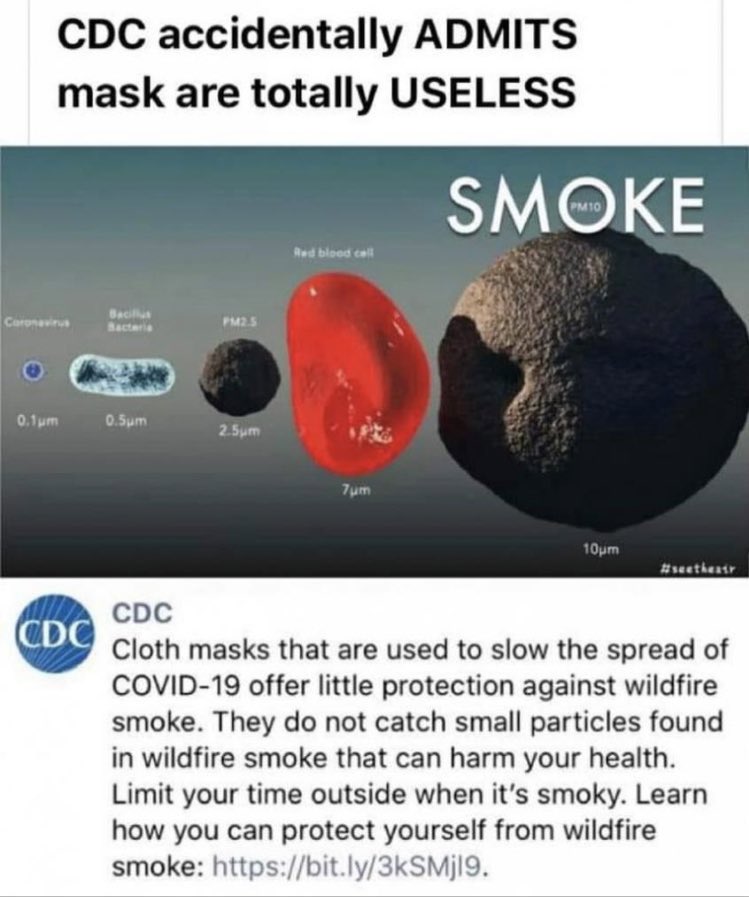 The CDC just fucked up. Smoke particles are 2500 nanometers. Covid particles are 20-500 nanometers. Oof.