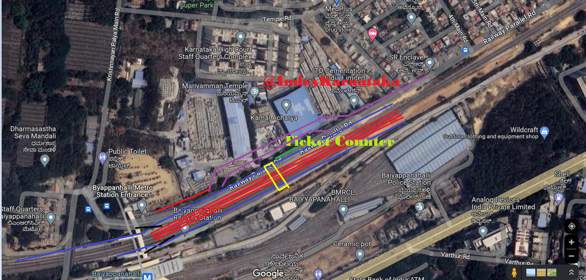 IndexKarnataka's tweet image. #Baiyappanahalli will get 

4 Main lines and 2 Loop lines!

And Two FoBs!(Including existing Metro FoB, Yellow is new one)

New Ticket Counter will be moved near to ITD cem casting yard

Two loop lines will merge on to main line from below elevated ramp!

#Quadrupling #Railways