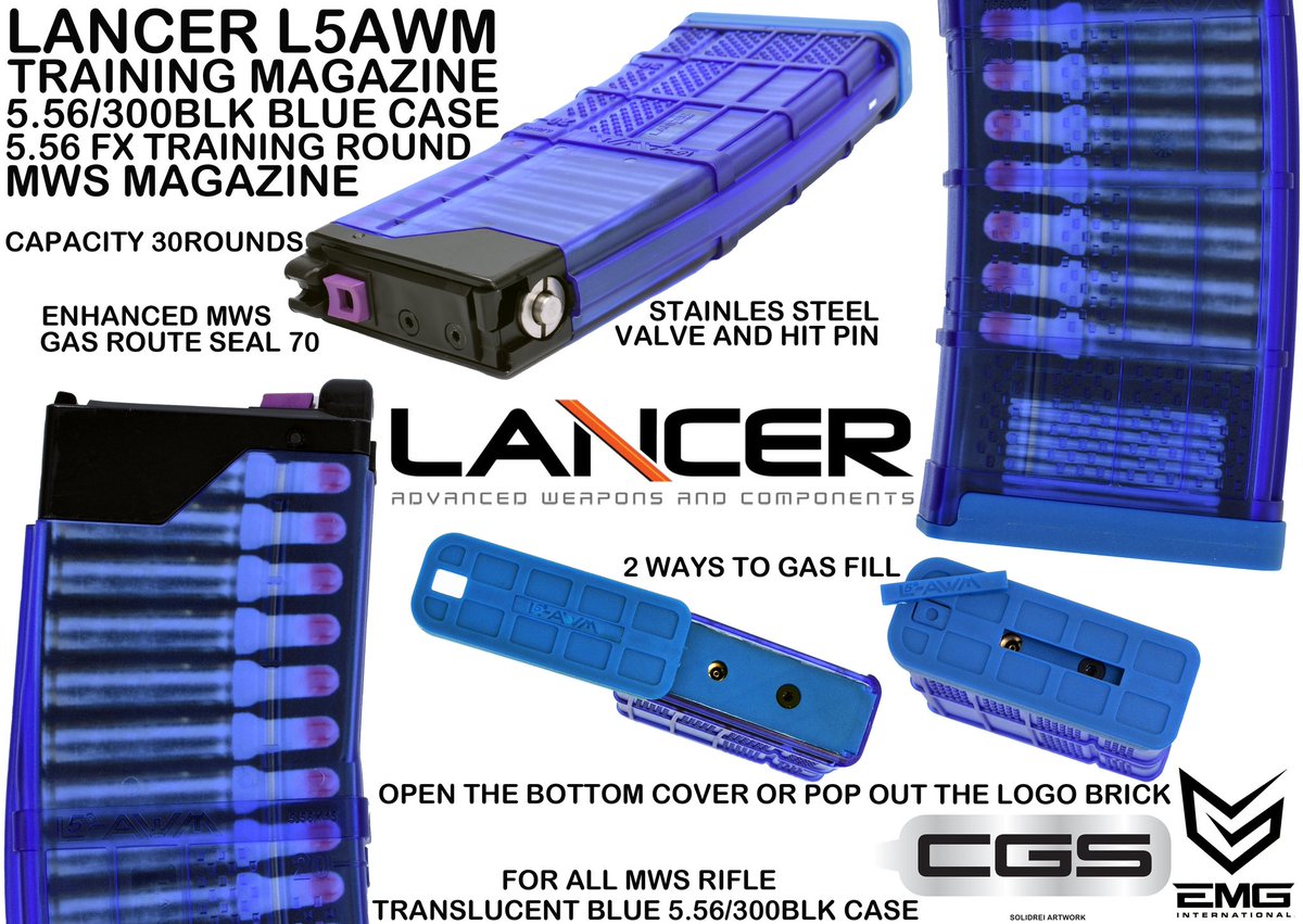 uncle_fury's tweet photo. Airsoft toy use only! 玩具用
EMG Arms licensed Lancer L5AWM 300blk/ 5.56 Train Safe Magazine (TSM, translucent blue) - GBB Mag. for TM MWS
Powered by CGS/T8 SP System
#emgairsoft #emgarms #lancer #airsoft #gbbr #gbbmagazine
#trainsafe #mws #CGS #T8 #spsytem #trainingblue https://t.co/fPNqdKe6pf