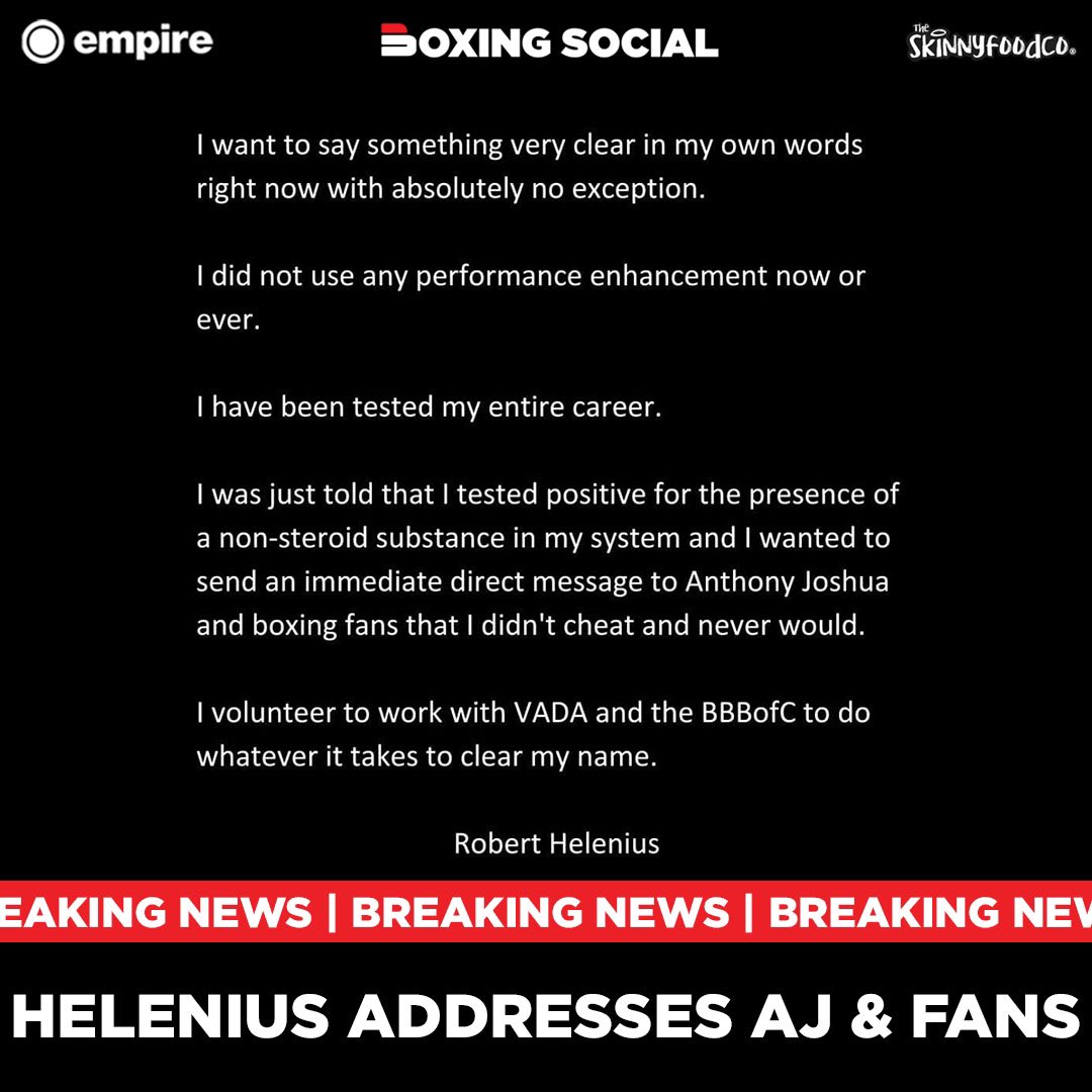 boxing_social's tweet photo. “I didn’t cheat and never would.”

Robert Helenius sends a message to Anthony Joshua and boxing fans following the news of his failed pre-fight doping test. 

🔗 READ MORE 👉 https://t.co/ncR1HfA0z8

#RobertHelenius #Boxing https://t.co/RmPyGv9ars