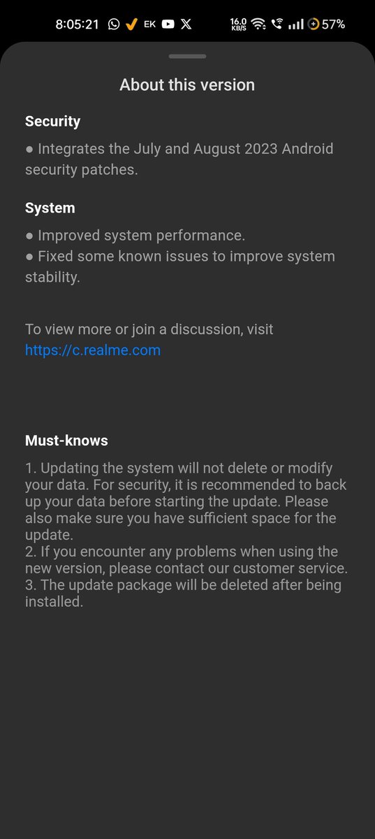 TechKard's tweet photo. Received new software update in my Realme 9 Pro 5G.
Update size : 1.21GB 🤯
● Including July & August 2023 Android security patches.
● Improved system performance.
● Fixed some known issues to improve system stability.
#Realme #Realme9Pro #Realme9Pro5G @realmeIndia https://t.co/WiOoTP4B4g