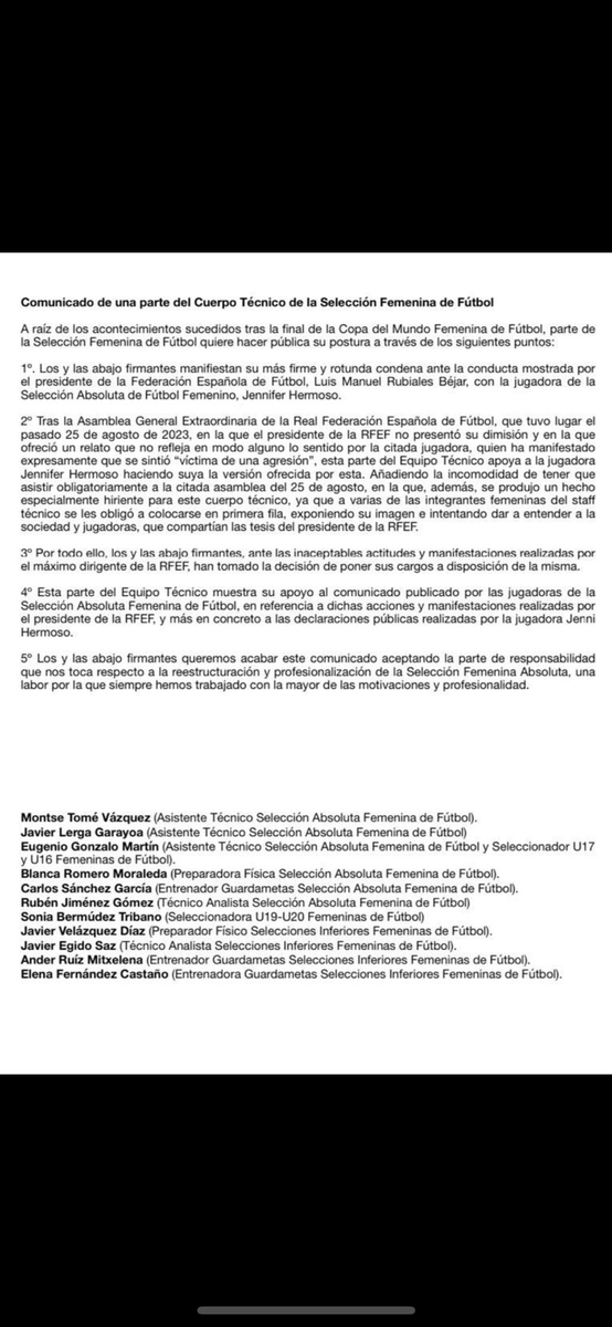 🚨 COMUNICADO de una parte del cuerpo técnico de la Selección anunciando su dimisión irrevocable:

🗣️ "Los firmantes manifiestan su más firme y rotunda condena ante la conducta mostrada por Luis Rubiales con Jennifer Hermoso"

🗣️"Esta parte del Equipo Técnico apoya a Jennifer