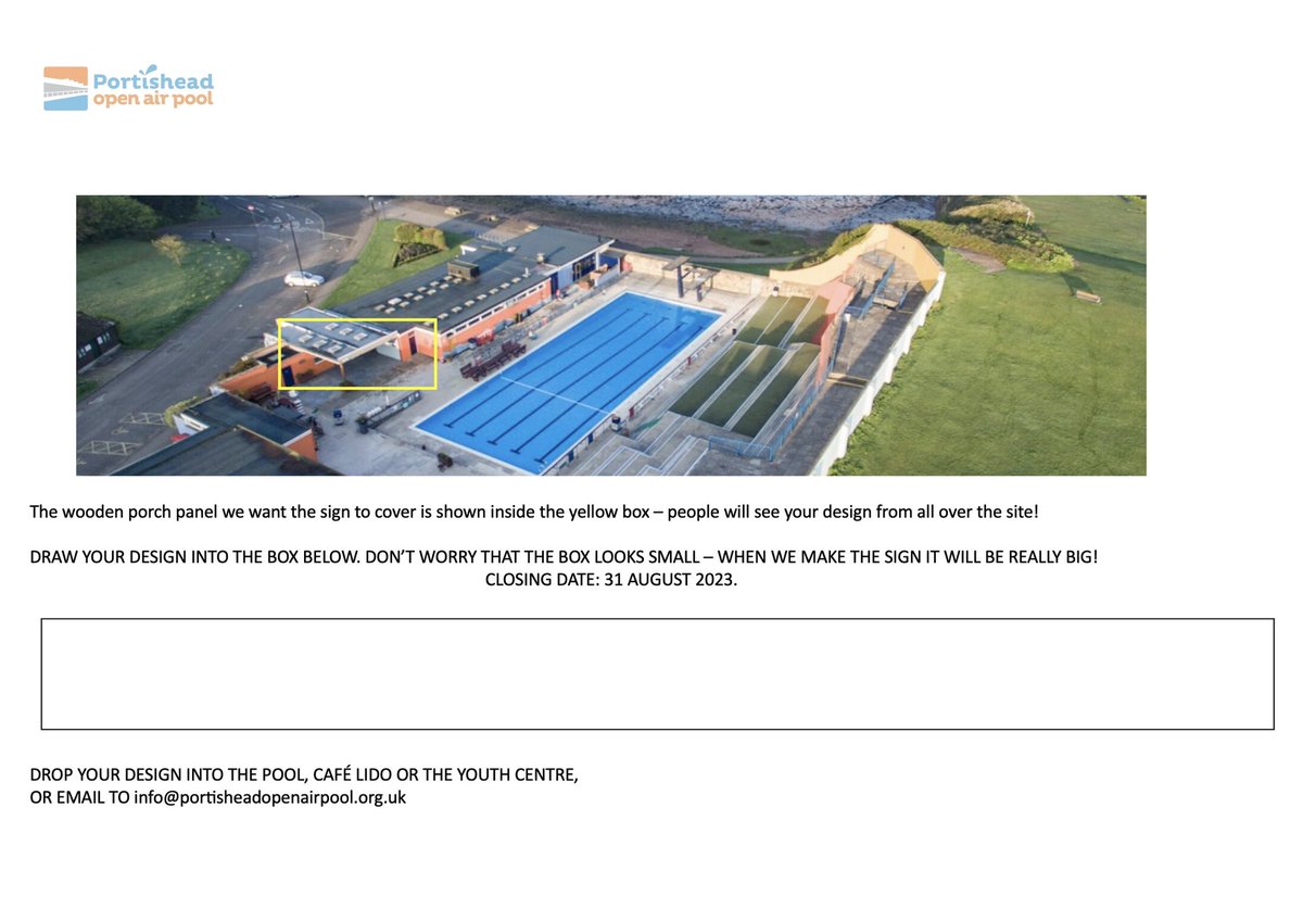 Your pool needs you!  Enter our competition to design a sign for our entrance canopy and win a season ticket for 2023.  Closing date 30 September 2023.  See details below: