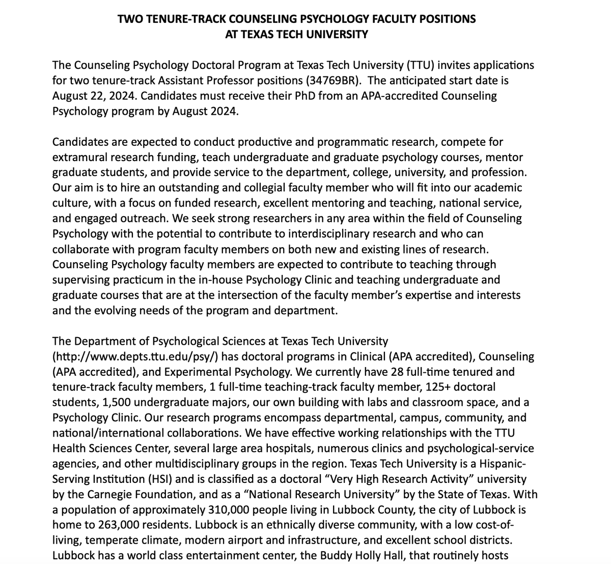 drjonsinger's tweet photo. Please share!
The Department of Psychological Sciences at Texas Tech University is seeking to hire TWO tenure-track, assistant professors of COUNSELING PSYCHOLOGY for a Fall 2024 start.  

Apply below under job listing 34769BR

https://t.co/3mALNLDBf3 https://t.co/t2uoBU0jRi