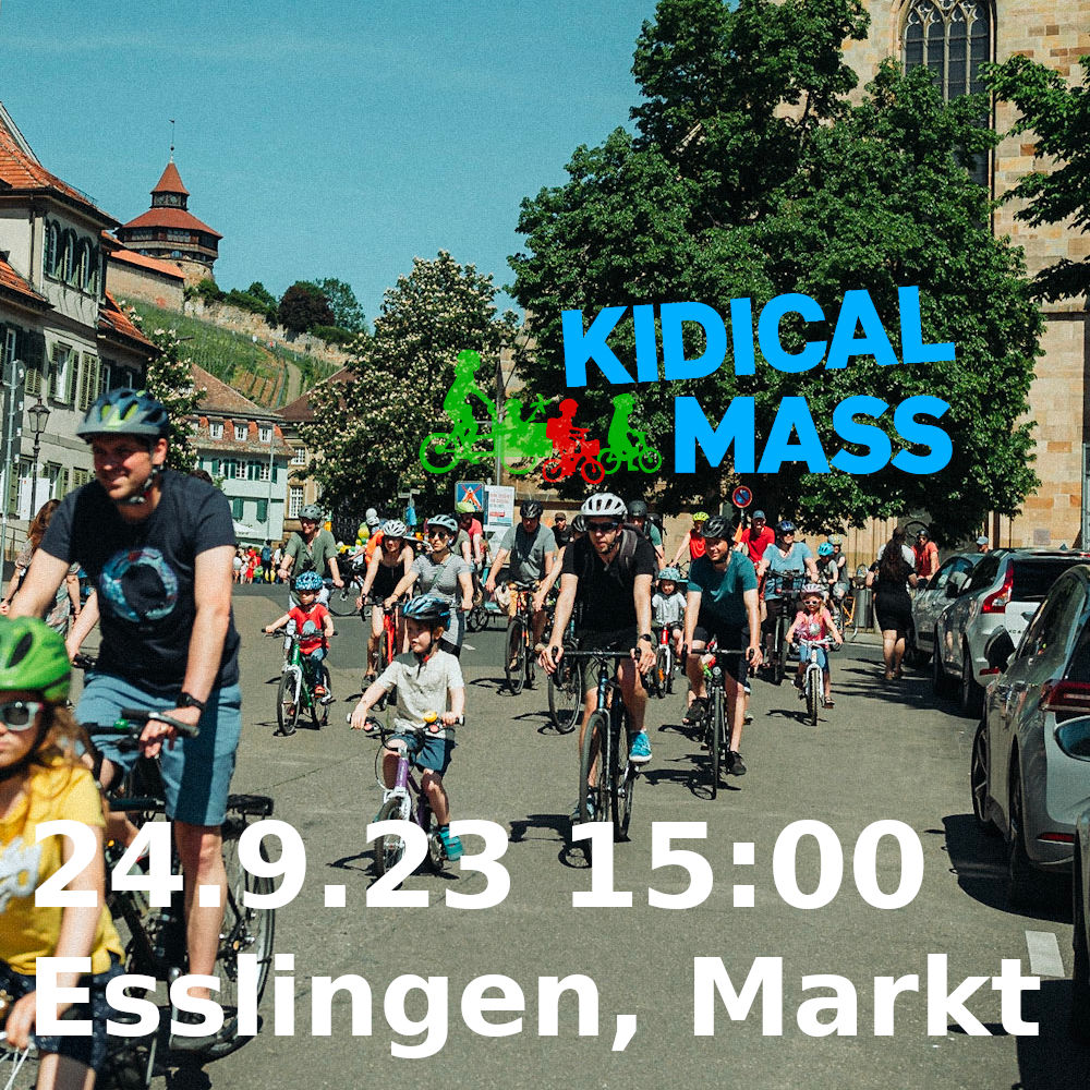 Kinder, Jugendliche und Familien: Merkt euch schon mal das Datum 24.09. vor! KIDICAL MASS lädt zur Rundtour durch Esslingen: 15 Uhr, Marktplatz 🚴‍♂️🚴
Nachdem die Tour im Mai komplett im Gewitter 'untergegangen' ist,drücken wir sämtliche Daumen,dass dieses Mal das Wetter mitmacht.