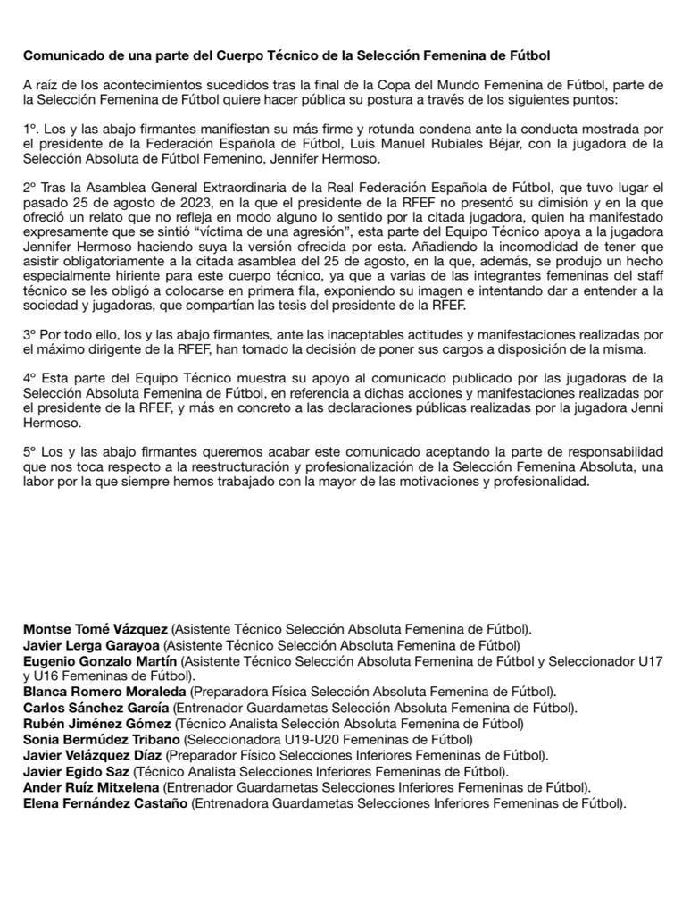 alexibaceta23's tweet photo. 🚨 11 members of the technical staff across Spanish women’s football have resigned from their positions
It ranges from both senior national team assistant manager, U19/U20 coach, senior team analyst to the senior team physio https://t.co/SttJ8xP12H