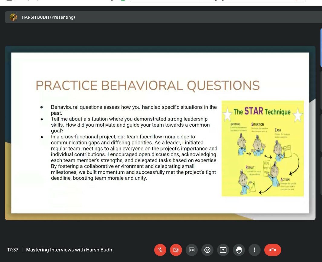 '🚀 Wrapped up an incredible webinar with Harsh Budh on mastering interviews, hosted by JKCPJ! A big shoutout to all participants for making it a success. 🙌 Your feedback fuels our progress. Share your insights - they guide us! 📚💡 #WebinarFeedback #LearningTogether' @captraman