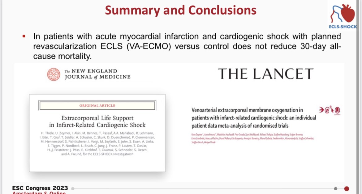mirvatalasnag's tweet photo. #ESCCongress @PCRonline @EAPCIPresident @alaide_chief
LBCT #ECLS_Shock @thiele_holger
• In patients with acute myocardial infarction and cardiogenic shock with planned revascularization ECLS (VA-ECMO) versus control does not reduce 30-day all-cause mortality.
🔅Total of 420 enrolled from 44 centres in Germany & Slovenia.
Median age was 63 years
19% women
Randomly assigned to early ECLS + UMT or UMT alone
🔅PEP: 47.8% ECLS group & 49% UMT
🔅SEP: mechanical ventilation w ECLS: 7 days vs 5 days UMT & bleeding/vasc complic ECLS > UMT
@charles_driving @VDelgadoGarcia @DavidDuncker
@CMichaelGibson
@HanCardiomd @jozinetm
@m4ggiesimpson
@ARakisheva