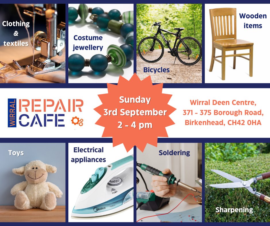 WIRRAL REPAIR CAFE - ONE WEEK TODAY! Sunday 3rd September, 2 - 4pm @WirralDeen, Borough Road, Birkenhead We're looking forward to making more repairs next Sunday. Bring a broken item and our repairers will do their best to fix it or give advice on where to get any parts needed.