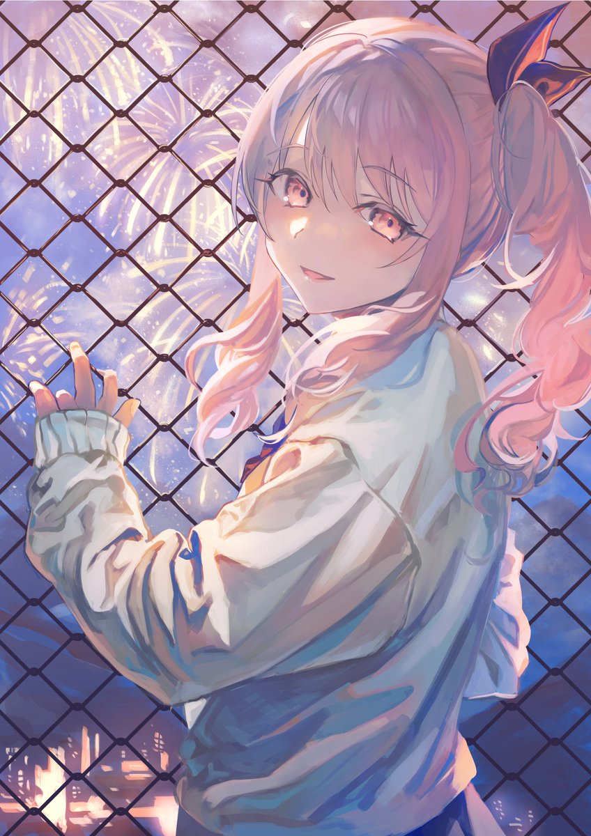 1other pink hair pink eyes fence chain-link fence androgynous looking at viewer  illustration images