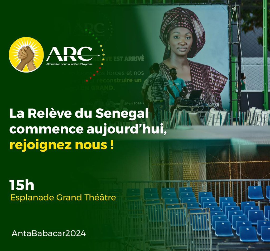 Soyez parmi les altérants du mouvement ARC aujourd’hui à l’esplanade du Grand Théâtre à partir de 15h🤝🇸🇳 #ArcAnta2024
#AntaBabacar #Anta2024 #AntaBabacar2024 #AntaPresidente
#AntaBabacarPresidente #AntaBabacarCandidate #AntaBabacarLañBëgg #VoteAnta #Election2024 #Senegal2024 #