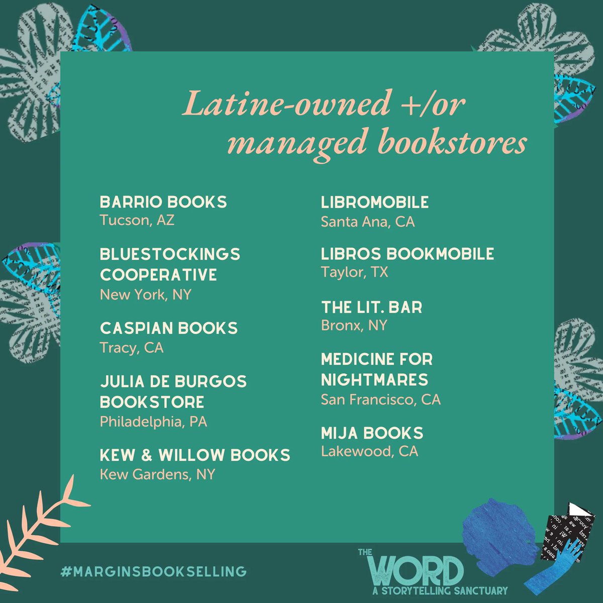 Celebrate Latine-owned and/or managed bookstores during #MarginsBookselling Month and during Latine Hispanic Heritage Month (9/15-10/15). Check out: Barrio Books, @bluestockings, Caspian Books, Julia de Burgos Bookstore, @kewandwillow, @libromobile, Libros Bookmobile, @thelitbar