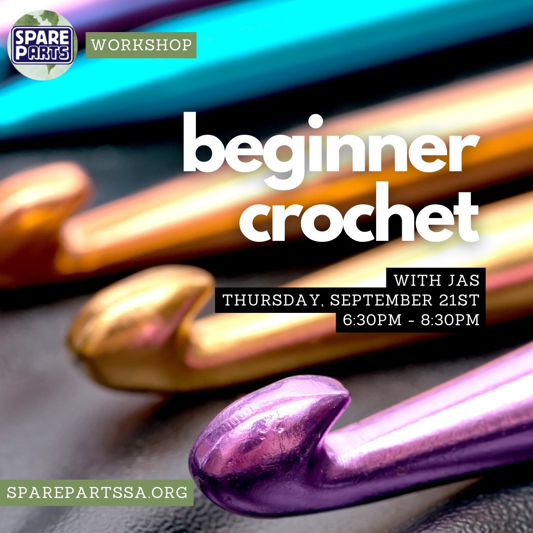 Learn to crochet! $30/ person. Sign up at: spare-parts-san-antonio.square.site/product/worksh…