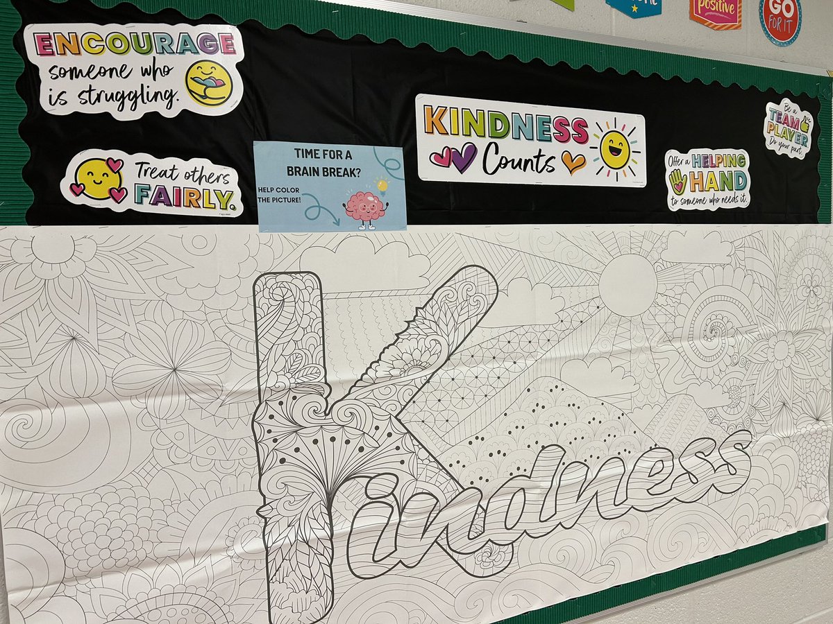MrsC_HPE's tweet photo. #BulletinBoard between my open #HealthClass classroom & gym. My hope is Ss will use the poster as a calming tool when they need a break from any class & it will be a choice activity during the wellness unit. Ss already started coloring @ classroom visits! #MASDProud #MASDElmwood https://t.co/Y2NUIt0hFA